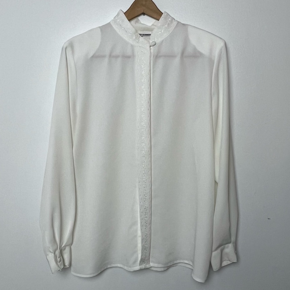 Vintage Alfred Dunner Mock Cream Blouse Embroidered Collar Woman’s 12